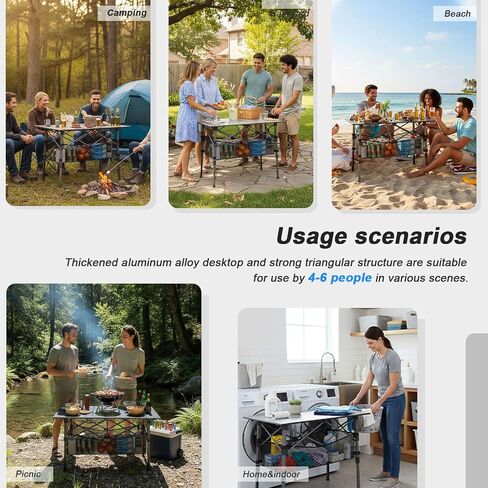 Portable Camping Table with Adjustable Height Legs, Lightweight Aluminum Roll-up beach tables for sand foldable，Folding Picnic Table Large Storage Basket for Outdoor camping (Black, Medium 37") in Kuwait