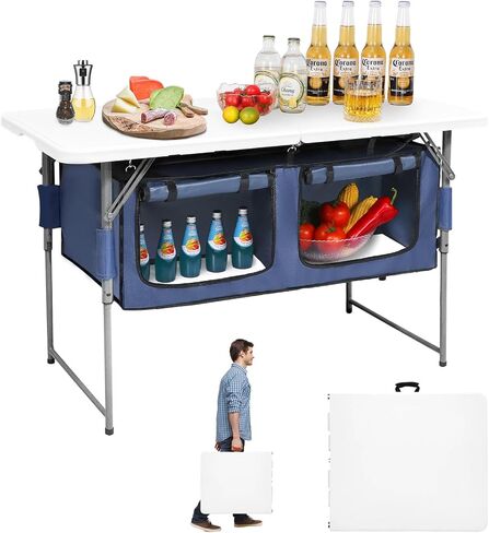 Camp Field 4ft Foldable Camping Table with Storage, Adjustable Height | Built-in organizer with adjustable height for camping, BBQ, tailgating, beach trips, and outdoor cooking. in Saudi Arabia