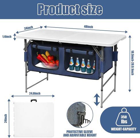 Camp Field 4ft Foldable Camping Table with Storage, Adjustable Height | Built-in organizer with adjustable height for camping, BBQ, tailgating, beach trips, and outdoor cooking. in Saudi Arabia