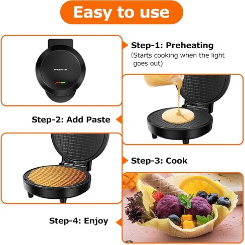 KEINVE Waffle Cone Maker, 750W Thin Waffle Maker (Ice Cream Cone) with Shaper Roller, 7.08" Nonstick Plate in Saudi Arabia