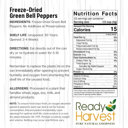 Ready Harvest Freeze Dried Food - Green Bell Pepper | Emergency Pantry Staples | Canned Vegetables | #10 Can | 25-Year Shelf Life | Cans Filled to the Top in Saudi Arabia