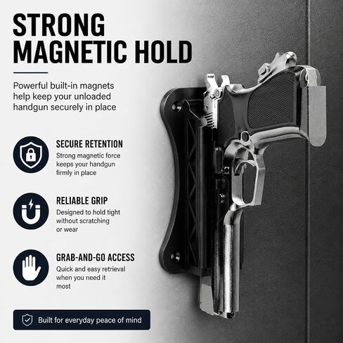 Magnetic Handgun Mount, One-Hand Quick Rack Pistol Holder for Desk, Vehicle, Safe, Closet & Home Storage, Heavy Duty Gun Magnet Rack with Secure Grip, Low Profile Design for Easy Access in Saudi Arabia