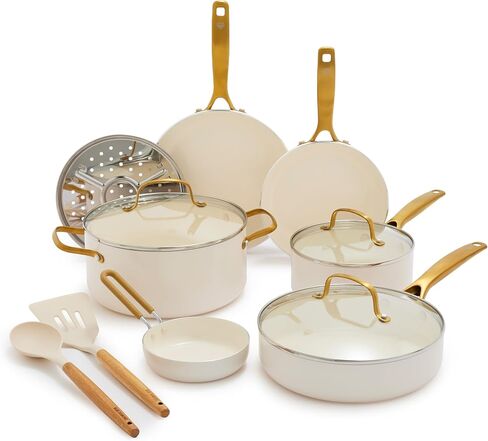 Blue Diamond 12 Piece Nonstick Cookware Set, Diamond Ceramic Pots & Pans, Dishwasher & Metal Utensil Safe, Non Toxic PFAS-Free, Kitchen Cooking Sauce & Saute Pans, Oven & Broiler to 600F, White in Saudi Arabia