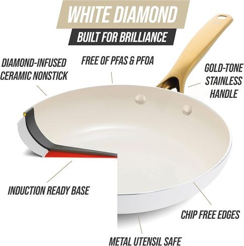 Blue Diamond 12 Piece Nonstick Cookware Set, Diamond Ceramic Pots & Pans, Dishwasher & Metal Utensil Safe, Non Toxic PFAS-Free, Kitchen Cooking Sauce & Saute Pans, Oven & Broiler to 600F, White in Saudi Arabia