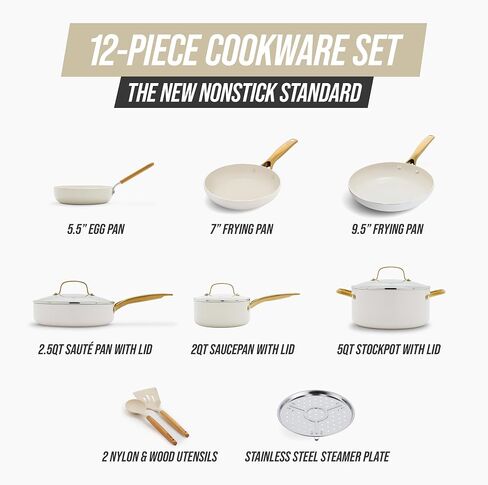 Blue Diamond 12 Piece Nonstick Cookware Set, Diamond Ceramic Pots & Pans, Dishwasher & Metal Utensil Safe, Non Toxic PFAS-Free, Kitchen Cooking Sauce & Saute Pans, Oven & Broiler to 600F, White in Saudi Arabia