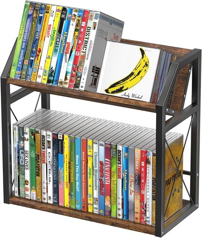 CD Holder Rack, Tilting DVD Storage Shelf for Tower Small Space | Store Up to 38 CDs and 30 DVDs, Desktop Bookshelf Organizer, Easy Acess, Sturdy Metal & Wood Construction, Portable Angle in Saudi Arabia