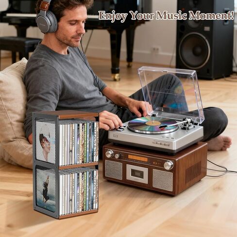 2-Tier CD Storage Holder,Stackable CD Rack Organizer,Hold 32 Cases | Wood CD Display Shelf Tower,Retro CD Cube for Cassette,Tape,CDs in Home Office,Music Lovers in Saudi Arabia