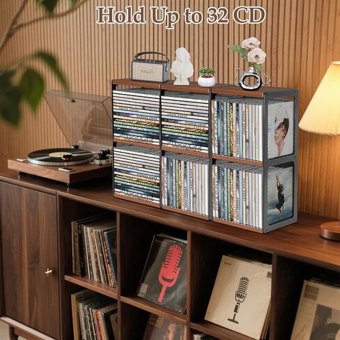 2-Tier CD Storage Holder,Stackable CD Rack Organizer,Hold 32 Cases | Wood CD Display Shelf Tower,Retro CD Cube for Cassette,Tape,CDs in Home Office,Music Lovers in Saudi Arabia