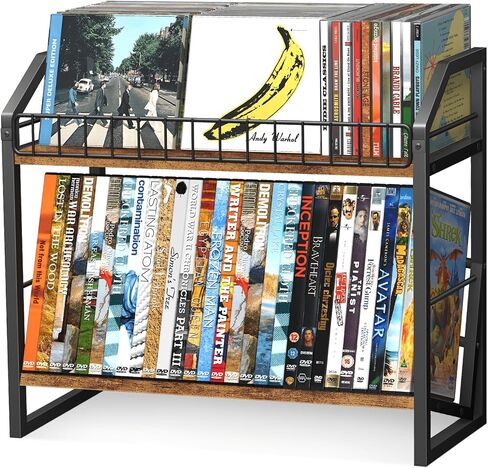 ELITEROO 2 Tier CD Holder, Wooden DVD Storage Rack, Tilting CD Tower | CD Shelf for Display Holds Up to Standard 80 CDs or 56 DVDs, Desktop DVD Organizer Stand for Music Enthusiasts, Rustic Brown in Saudi Arabia