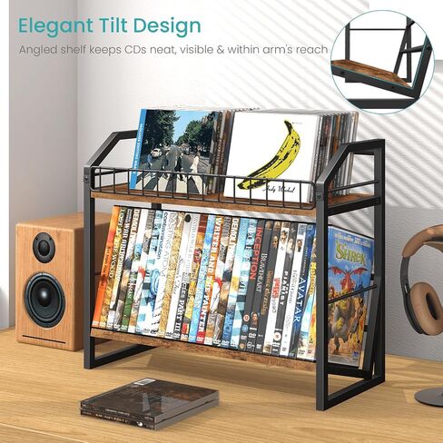 ELITEROO 2 Tier CD Holder, Wooden DVD Storage Rack, Tilting CD Tower | CD Shelf for Display Holds Up to Standard 80 CDs or 56 DVDs, Desktop DVD Organizer Stand for Music Enthusiasts, Rustic Brown in Saudi Arabia