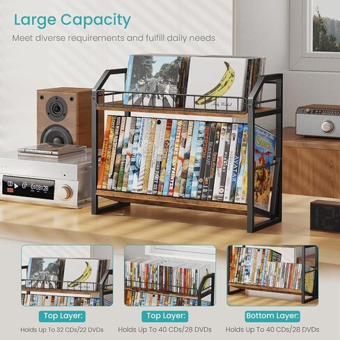 ELITEROO 2 Tier CD Holder, Wooden DVD Storage Rack, Tilting CD Tower | CD Shelf for Display Holds Up to Standard 80 CDs or 56 DVDs, Desktop DVD Organizer Stand for Music Enthusiasts, Rustic Brown in Saudi Arabia