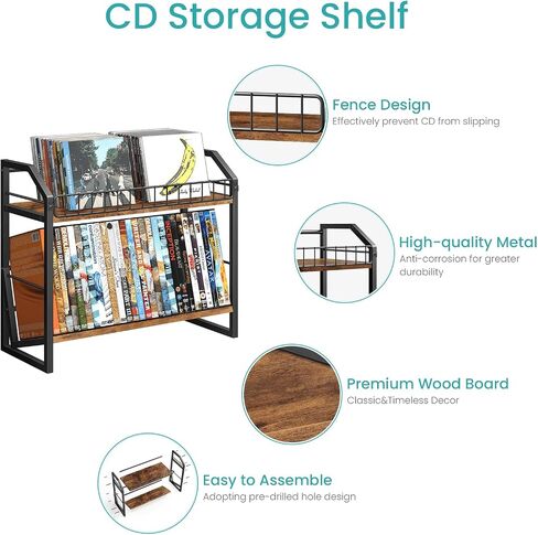 ELITEROO 2 Tier CD Holder, Wooden DVD Storage Rack, Tilting CD Tower | CD Shelf for Display Holds Up to Standard 80 CDs or 56 DVDs, Desktop DVD Organizer Stand for Music Enthusiasts, Rustic Brown in Saudi Arabia