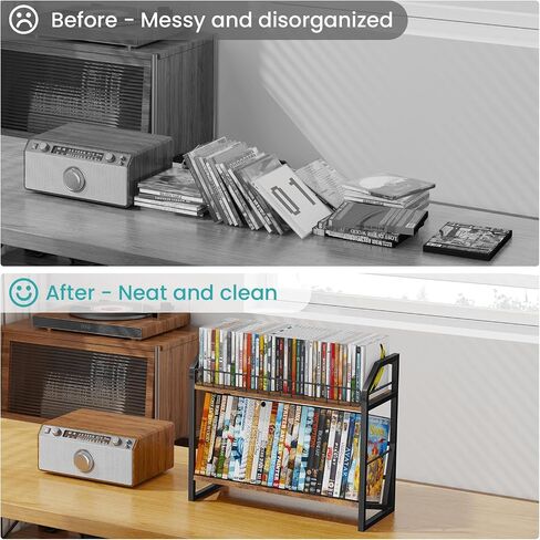 ELITEROO 2 Tier CD Holder, Wooden DVD Storage Rack, Tilting CD Tower | CD Shelf for Display Holds Up to Standard 80 CDs or 56 DVDs, Desktop DVD Organizer Stand for Music Enthusiasts, Rustic Brown in Saudi Arabia