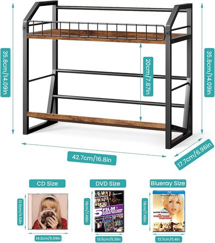 ELITEROO 2 Tier CD Holder, Wooden DVD Storage Rack, Tilting CD Tower | CD Shelf for Display Holds Up to Standard 80 CDs or 56 DVDs, Desktop DVD Organizer Stand for Music Enthusiasts, Rustic Brown in Saudi Arabia