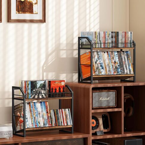 ELITEROO 2 Tier CD Holder, Wooden DVD Storage Rack, Tilting CD Tower | CD Shelf for Display Holds Up to Standard 80 CDs or 56 DVDs, Desktop DVD Organizer Stand for Music Enthusiasts, Rustic Brown in Saudi Arabia