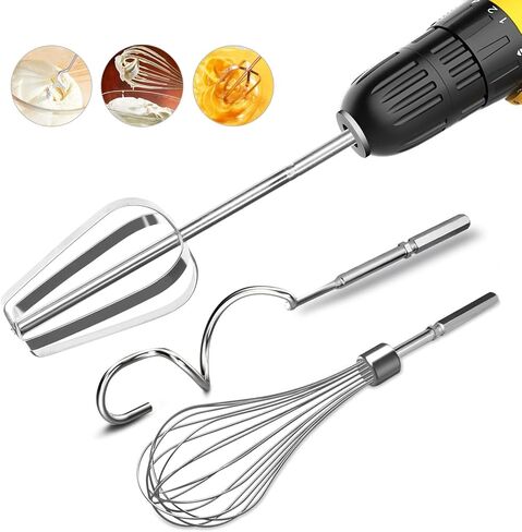 homicozy 3-Piece Stainless Steel Hand Mixer Attachment Set - Whisk, Dough Hook, Egg Beater for Drills - Dishwasher Safe, 7.5 Inch (Drill Not Included) in Kuwait