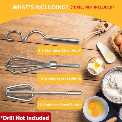 homicozy 3-Piece Stainless Steel Hand Mixer Attachment Set - Whisk, Dough Hook, Egg Beater for Drills - Dishwasher Safe, 7.5 Inch (Drill Not Included) in Kuwait