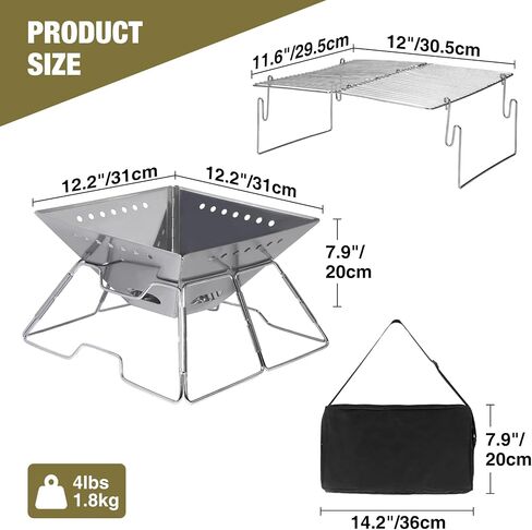 Portable Fire Pit with Grill for Camping, Heavy Duty Collapsible Foldable Fire Pit with Campfire Grill & Carry Bag for Outdoor, Backyard, Patio, Picnic, BBQ in Saudi Arabia