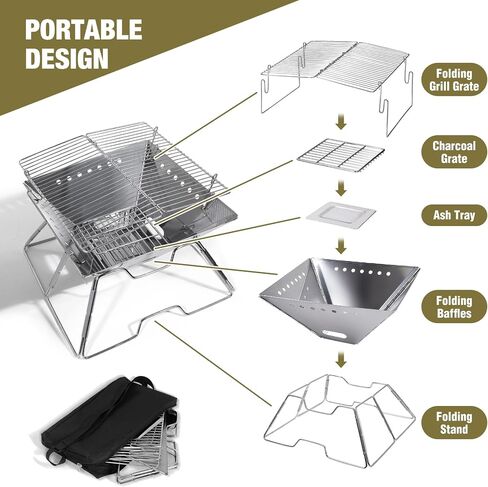 Portable Fire Pit with Grill for Camping, Heavy Duty Collapsible Foldable Fire Pit with Campfire Grill & Carry Bag for Outdoor, Backyard, Patio, Picnic, BBQ in Saudi Arabia