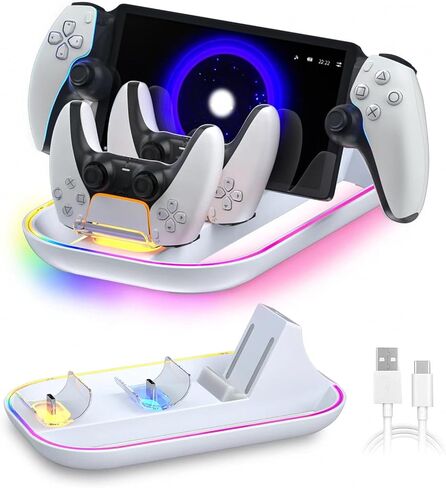 PS5 Controller Charging Station & PS Portal Dock, 3-in-1 RGB Stand | Charges 1 PS Portal plus 2 PS5 controllers; remove Portal cases before docking and do not use with DualSense Edge in Saudi Arabia