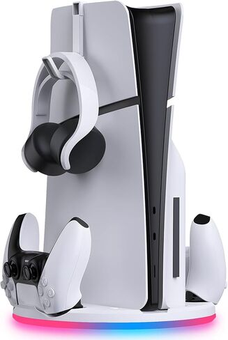 Stand with Dual Controller Charger for PS5 Slim – Vertical Console Stand with Headset Hook for PlayStation 5 - Cool RGB Lights - Efficient Charging - Charging Station for Dualsense and Edge Gamepad in Saudi Arabia