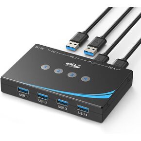 eKL USB 3.0 Switch 4 أجهزة كمبيوتر مشاركة الأجهزة الطرفية USB، 4 منافذ USB Switcher مشاركة لوحة المفاتيح الماوس الماسح الضوئي، مع مخرج صوت جاك سماعة رأس 3.5 مم، يتضمن 4 كابلات USB 3.0 وجهاز تحكم عن بعد in Kuwait