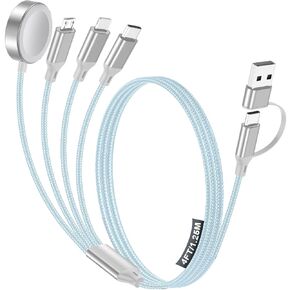 4-in-2 Multi Parallel Cables for Apple Watch Charger/iPhone/Samsung Charger | Travel Essentials Type C/Lightning/iWatch/Micro Charging Cable for iWatch Ultra/10-2/iPhone/Galaxy/Airpods[1.2M]-Blue in Kuwait