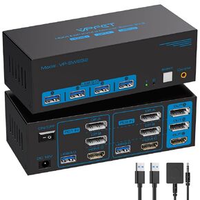 8K KVM Switch 3 Monitors 2 Computers HDMI Displayport 4K@120Hz | Triple Monitor KVM Switches for 2 PC Share 4 USB 3.0 Ports with Desktop Controller and DC 12V Adapter Included in Saudi Arabia