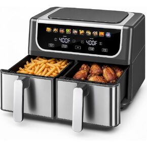 OLIXIS Dual Air Fryers with 2 Baskets 9.5 Quarts Large Airfryer 10-in-1 | Independent Temp Control 80-450°F, Ceramic Crisper Plate, Sync Setting, Shake Reminder, Bake Broil Defrost Dehydrate, Black in Kuwait