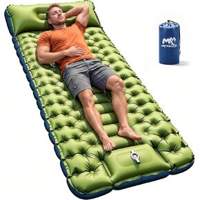 Myxslop Ultralight 50D Camping Sleeping Pad for Backpacking, Hiking, Tent | 30s Foot-Pump, 1.5lbs Packable, Built-in Pillow, Anti-Bottoming Honeycomb, TPU Laminated, Snaps for Double Bed, Green in Saudi Arabia