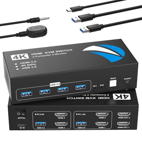 HDMI KVM Switch 2 Monitors 2 Computers, 4K@60Hz USB KVM Switches Dual Monitor with 4 USB 3.0 Ports Sharing Keyboard Mouse Printer, Monitors Switch for 2 Computers, HDMI Switcher 2 in 2 Out in Saudi Arabia
