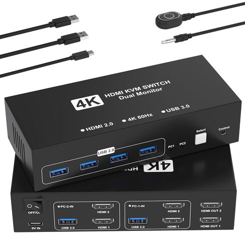 HDMI KVM Switch 2 Monitors 2 Computers, 4K@60Hz Dual Monitor KVM Switches USB Switch with 4 USB 3.0 Ports Sharing Keyboard Mouse Printer, Computer Switch Monitor Switch for 2 Computers with Controller in Kuwait