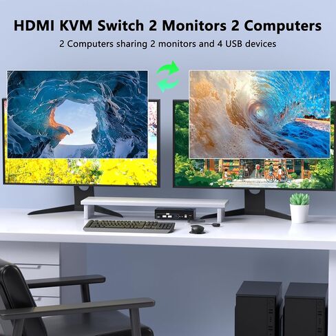 HDMI KVM Switch 2 Monitors 2 Computers, 4K@60Hz Dual Monitor KVM Switches USB Switch with 4 USB 3.0 Ports Sharing Keyboard Mouse Printer, Computer Switch Monitor Switch for 2 Computers with Controller in Kuwait