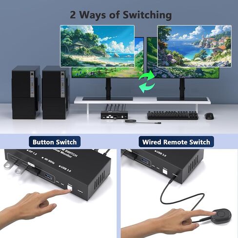 HDMI KVM Switch 2 Monitors 2 Computers, 4K@60Hz Dual Monitor KVM Switches USB Switch with 4 USB 3.0 Ports Sharing Keyboard Mouse Printer, Computer Switch Monitor Switch for 2 Computers with Controller in Kuwait