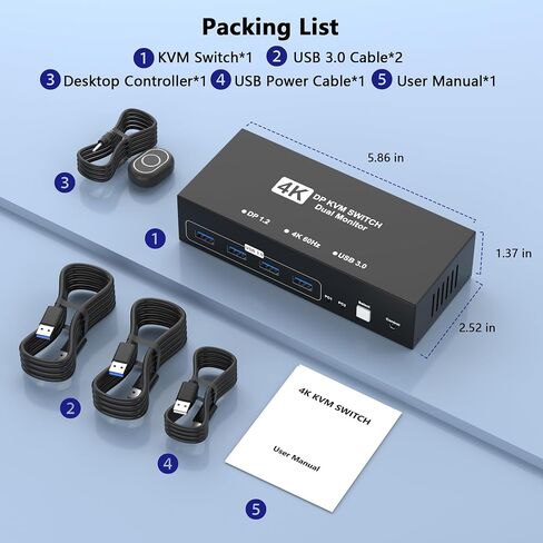 HDMI KVM Switch 2 Monitors 2 Computers, 4K@60Hz Dual Monitor KVM Switches USB Switch with 4 USB 3.0 Ports Sharing Keyboard Mouse Printer, Computer Switch Monitor Switch for 2 Computers with Controller in Kuwait