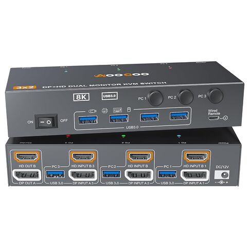 HDMI Displayport KVM Switch 3 Computers 2 Monitors, 8K@60Hz/4K@144Hz Dual Monitor KVM Switch for 3 PCs Share 2 Monitors, with 4 USB3.0 Ports, USB Cables and Power Adapter,Black 13cm HDMI DP KVM in Saudi Arabia
