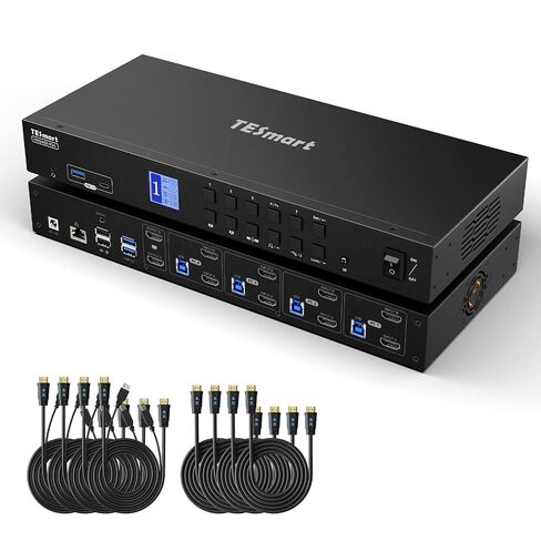 محول TESmart HDMI KVM 4 أجهزة كمبيوتر وشاشتين USB 3.0، مزدوج 4K@60 هرتز HDMI 2.0 | شبكة جيجابت | إيد | عرض ممتد | مفتاح التشغيل السريع وزر التبديل مع جميع كابلات الإدخال in Kuwait