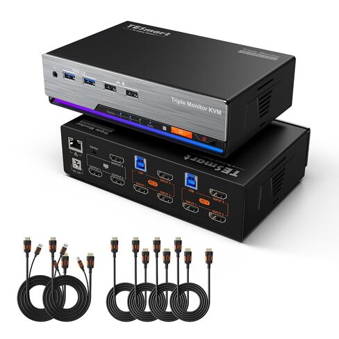 محول TESmart HDMI KVM 3 شاشات 2 جهاز كمبيوتر 4K@60 هرتز، USB 3.0 KVM Switch شاشة ثلاثية 2 منافذ HDMI، يدعم EDID، 1G Ethernet، مفتاح Hotkey، صوت وميكروفون للألعاب والمكتب المنزلي in Kuwait