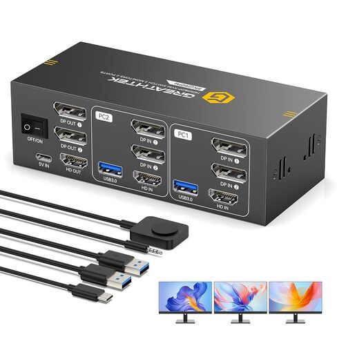 GREATHTEK 8K 3 Monitor HDMI Displayport KVM Switch for 2 Computers | with 2 DisplayPort + 1 HDMI|8K@60Hz/4K@240Hz|4 USB 3.0 Ports|Adaptive EDID|for Home Office, Programming, in Saudi Arabia
