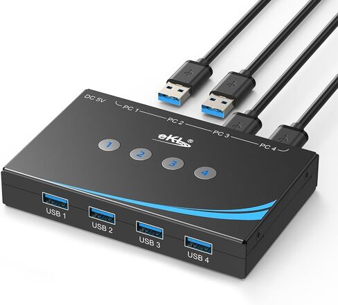 eKL USB 3.0 Switch 4 أجهزة كمبيوتر مشاركة الأجهزة الطرفية USB، 4 منافذ USB Switcher مشاركة لوحة المفاتيح الماوس الماسح الضوئي، مع مخرج صوت جاك سماعة رأس 3.5 مم، يتضمن 4 كابلات USB 3.0 وجهاز تحكم عن بعد in Kuwait