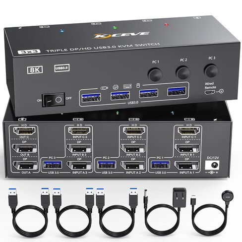 KVM Switch 3 Monitors 2 Laptops 4K@60Hz, USB C KVM Switcher with PD Charging Function for 2 Computer Share 3 Display-2 HDMI + 1 DP, No Driver Required in Kuwait