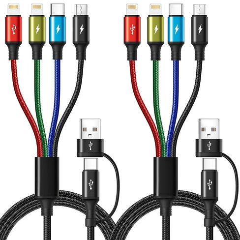 كابل شحن متعدد 6 في 1، كابل شاحن عالمي USB A/C 2 حزمة 6 أقدام | سلك شواحن متعدد لجميع الأجهزة، منافذ Lightning/Type C/Micro USB لهواتف iPhone 17 16 15 14 13/Galaxy/الأجهزة اللوحية/PS، والسيارة، والمكتب in Kuwait