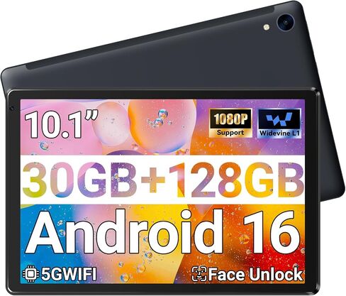 Android 16 Tablet 10 Inch 30GB RAM 128GB ROM 1TB Expand, Octa-Core Processor, Widevine L1 HD IPS Touchscreen, WiFi 6 BT5.3 Dual Camera Face Unlock Tablet, Black in Saudi Arabia
