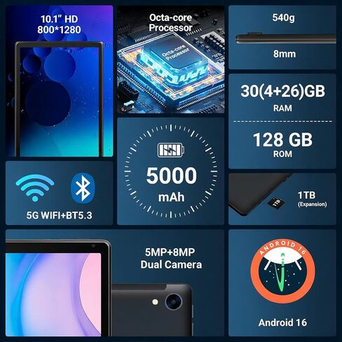 Android 16 Tablet 10 Inch 30GB RAM 128GB ROM 1TB Expand, Octa-Core Processor, Widevine L1 HD IPS Touchscreen, WiFi 6 BT5.3 Dual Camera Face Unlock Tablet, Black in Saudi Arabia