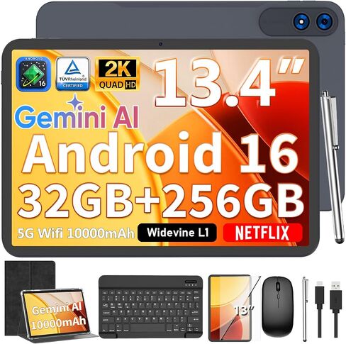 13 inch Tablet with Keyboard - 2026 Gemini AI Android 16 Tablet,Black Case | 32GB+256GB+2TB Expand, 2K Tablets PC with 8-Core, 10000mAh, 120Hz 1920x1200 Display, 2 in 1 Large Tablets with Mouse, Stylus in Saudi Arabia