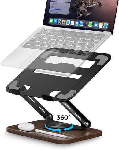 Viozon Laptop Stand for Desk, Adjustable Laptop Desk Stand with Wood Base Storage, 360° Rotating Swivel Computer Stand for Laptop, Ventilated Cooling Desktop Holder Fits up to 15.6" Notebooks/Laptops in Saudi Arabia