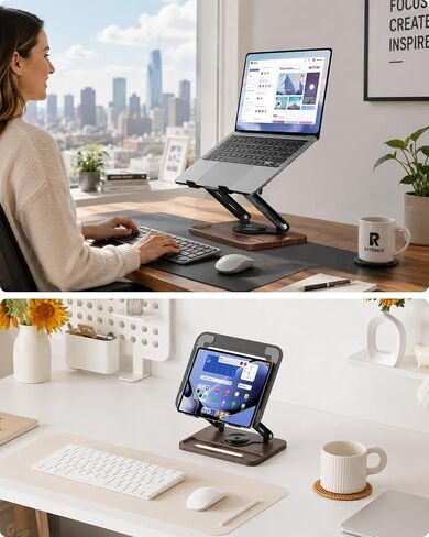 Viozon Laptop Stand for Desk, Adjustable Laptop Desk Stand with Wood Base Storage, 360° Rotating Swivel Computer Stand for Laptop, Ventilated Cooling Desktop Holder Fits up to 15.6" Notebooks/Laptops in Saudi Arabia
