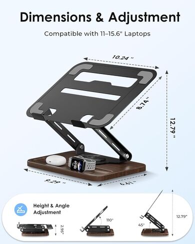 Viozon Laptop Stand for Desk, Adjustable Laptop Desk Stand with Wood Base Storage, 360° Rotating Swivel Computer Stand for Laptop, Ventilated Cooling Desktop Holder Fits up to 15.6" Notebooks/Laptops in Saudi Arabia