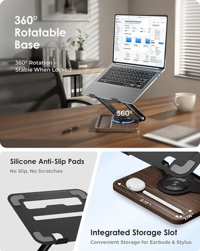 Viozon Laptop Stand for Desk, Adjustable Laptop Desk Stand with Wood Base Storage, 360° Rotating Swivel Computer Stand for Laptop, Ventilated Cooling Desktop Holder Fits up to 15.6" Notebooks/Laptops in Saudi Arabia