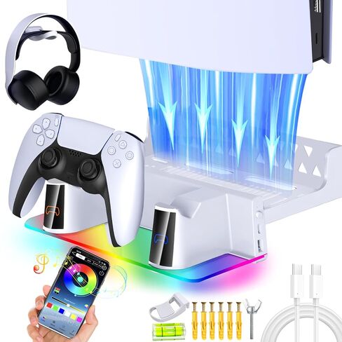 WAYCOM PS5 Wall Mount Kit with Charging Station RGB LED Light for New PS5 Pro and PS5 Slim Consoles Disc & Digital, Fast Dual Controller Chargers, Steel Wall Stand, and Headphone Hanger in Saudi Arabia